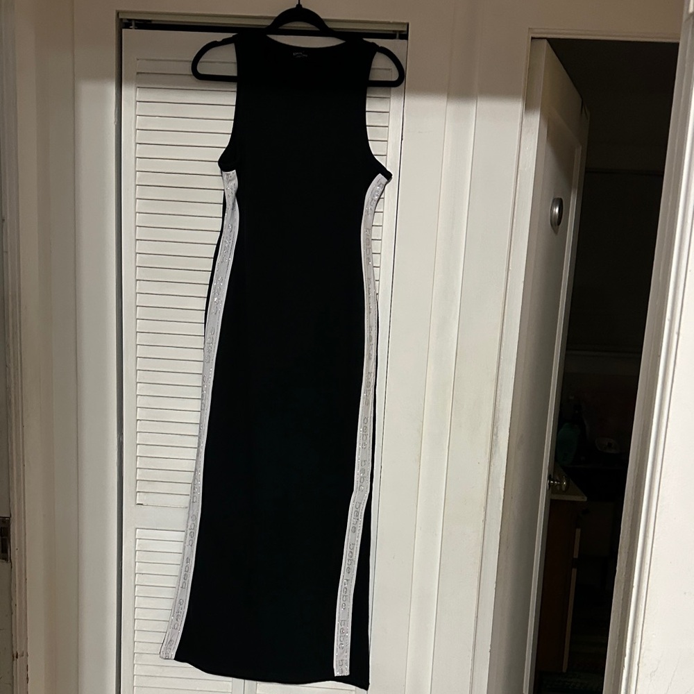 Bebe Black Sleeveless Maxi Dress with White Side Stripes Slits at Knees